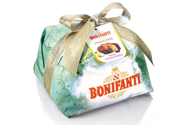 Bonifanti Pear and Dark Chocolate Chip Panettone Hand Wrapped (1kg) | Wholesale | Delicatezza