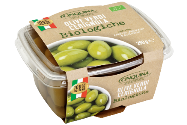 Cinquina Organic Cerignola Pitted Green Olives (12x250g) | Wholesale | Delicatezza